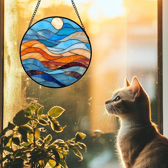 DASTOLL Stained Glass Window Hanging 4 Pcs Set Blue Orange Ocean Beach Theme Large 15" - Suncatcher Door Garden Sun Catcher Decor Birthday Christmas for Mom Woman Nana Men Wife