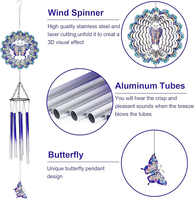 TUOKING Wind Chimes for Outside Butterfly Wind Spinner Windchimes Hanging Decoration for Outdoor Yard Garden Patio, Unique Gift for Mom,Women,Chimes Lovers