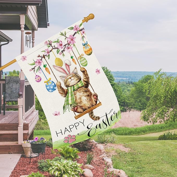 Heyfibro Happy Easter Cute Cat Garden Flag 28x40 Double Sided Burlap, Spring Summer Magnolia Flower Easter Egg Small Yard Banner for Seasonal Holiday Farmhouse Yard Outdoor Decor(ONLY FLAG)