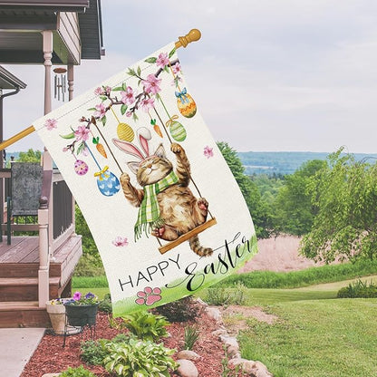 Heyfibro Happy Easter Cute Cat Garden Flag 28x40 Double Sided Burlap, Spring Summer Magnolia Flower Easter Egg Small Yard Banner for Seasonal Holiday Farmhouse Yard Outdoor Decor(ONLY FLAG)
