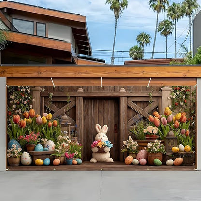 Easter Garage Door Banner Cover, Easter Bunny Flower Eggs Spring Party Backdrop Decor, Garage Door Cover For Outdoor Yard Holiday Decoration