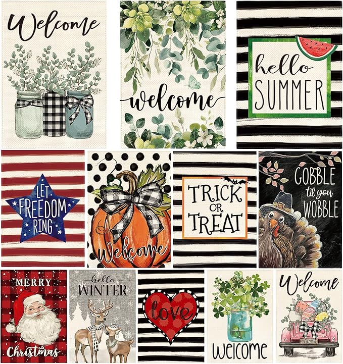 AVOIN colorlife Set of 12 Seasonal Holiday Garden Flag 12x18 Inch Double Sided Outside, Welcome Farmhouse Yard Outdoor Flag