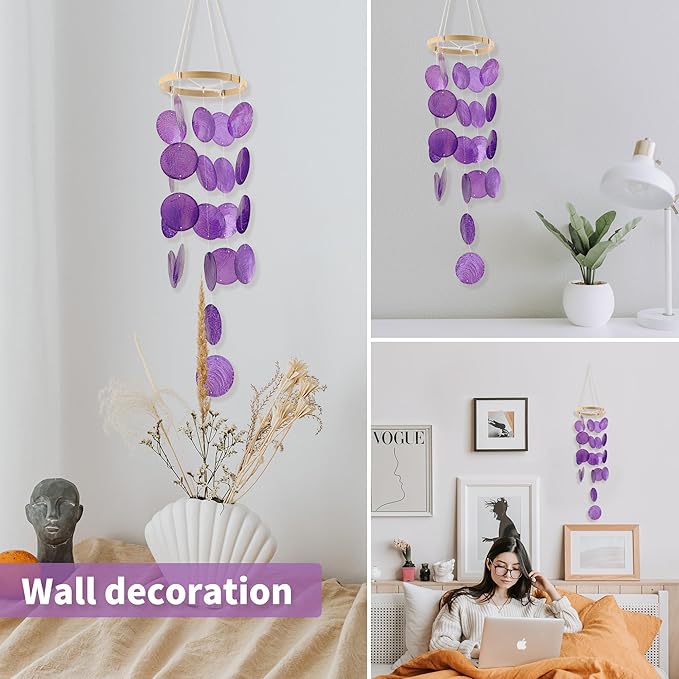 Capiz Wind Chimes for Outside, Outdoor Seashell Hanging Beach Coast Ocean Home Decorative, Unique Natural Shell Waterfall Windchimes for Summer Patio, Great Memorial Sympathy Gift（Purple
