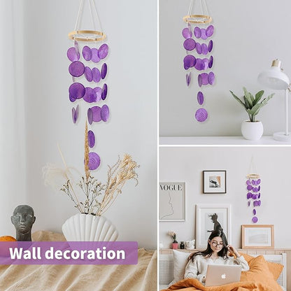 Capiz Wind Chimes for Outside, Outdoor Seashell Hanging Beach Coast Ocean Home Decorative, Unique Natural Shell Waterfall Windchimes for Summer Patio, Great Memorial Sympathy Gift（Purple
