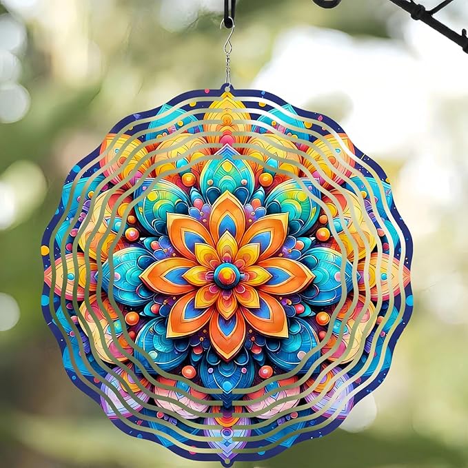 10 Inch Multicolor Mandala Wind Spinner, 3D Metal Hanging Kinetic Wind Rustproof Sculpture Gift for Garden Yard Balcony Window Porch Outdoor Decor, Women Mom Mothers Day