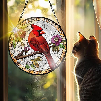 VAIIEYO Cardinal Bird Sun Catcher Stained Glass Window Hanging Ornament, Handmade Sun Catcher Animal Bird Decoration with Hooks for Window Garden Home,Christmas & Birthday Housewarming Gift (7.8 inch)