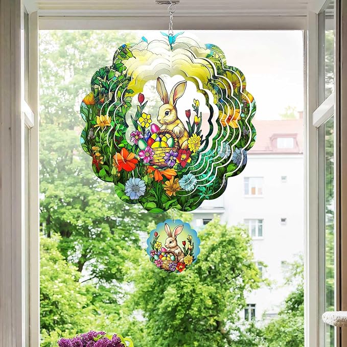 Easter Bunny Wind Spinners Outdoor Hanging Ornament Gifts, 12 inch 3D Eggs Easter Wind Kinetic Sculpture for Outdoor & Indoor, Yard Art, Garden Decoration