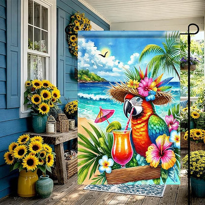 BlissYard Summer Parrot Garden Flag 12x18 Double Sided Tropical Bird Yard Flag Red Parrot Welcome Banner Outdoor Beach Palm Tree Decor Summer Garden Decorations for Home Lawn Patio Porch