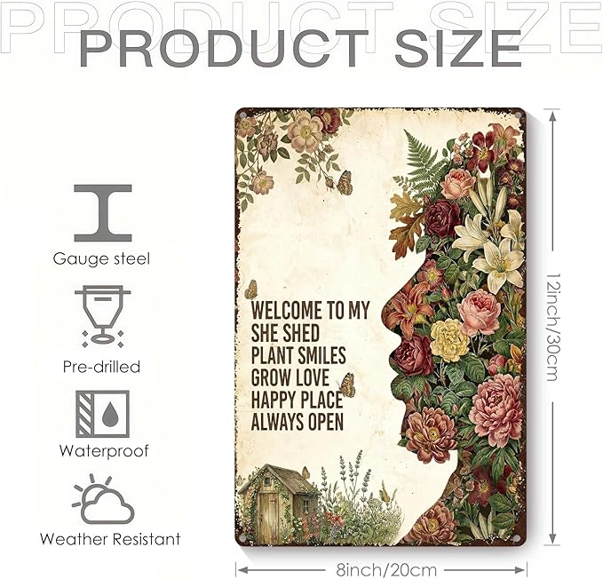 Vintage Metal Garden Sign, Welcome to My She Shed Wall Decor, Gardening Gifts for Women, Home Patio Yard Art, 8 x 12 Inches