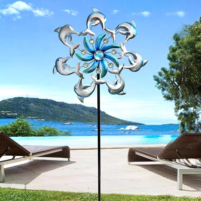 Dolphin Wind Spinners Garden Stake, 39" Metal Dolphins Wind Spinner Outdoor Decorations- Outside Lawn Stake Wind Sculptures for Yard Patio,Lawn & Garden Art Decor