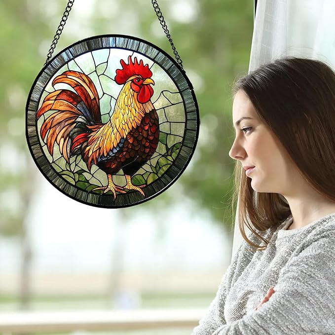 Stained Glass Window Hanging - Rooster Suncatcher for Doors Garden Patio Retro PColored Chicken Sun Catchers Decor Christmas Mother's Day Birthday Gifts for Women Men Mom Nana Friend 9.8 in