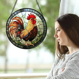 Stained Glass Window Hanging - Rooster Suncatcher for Doors Garden Patio Retro Colored Chicken Sun Catchers Decor Christmas Mother's Day Birthday Gifts for Women Men Mom Nana Friend 15 in