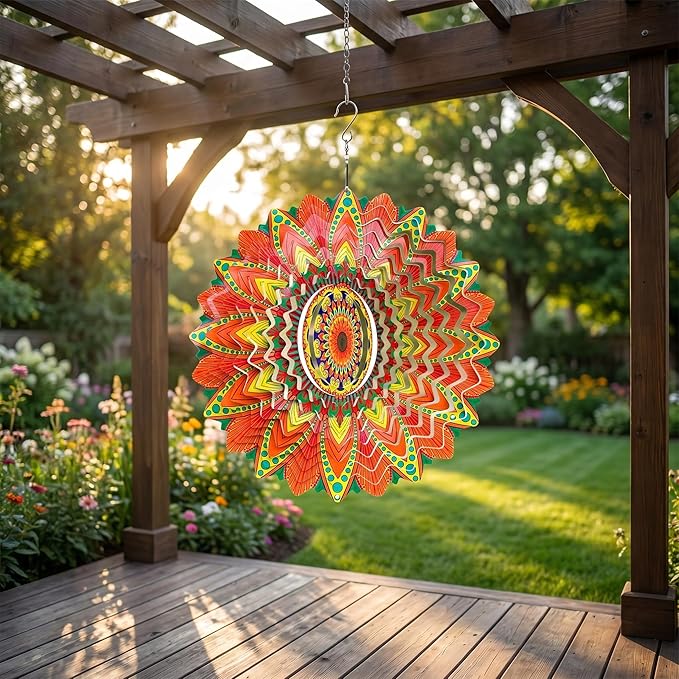 Wind Spinner Colorful Sunflower 12 inch 3D Stainless Steel Laser Cut Metal Double Sided Printing-Hanging Indoor/Outdoor Decorations Yard Gardening Decor,Metal Kinetic Art Ornament Gifts