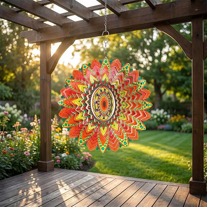 Wind Spinner Colorful Sunflower 12 inch 3D Stainless Steel Laser Cut Metal Double Sided Printing-Hanging Indoor/Outdoor Decorations Yard Gardening Decor,Metal Kinetic Art Ornament Gifts
