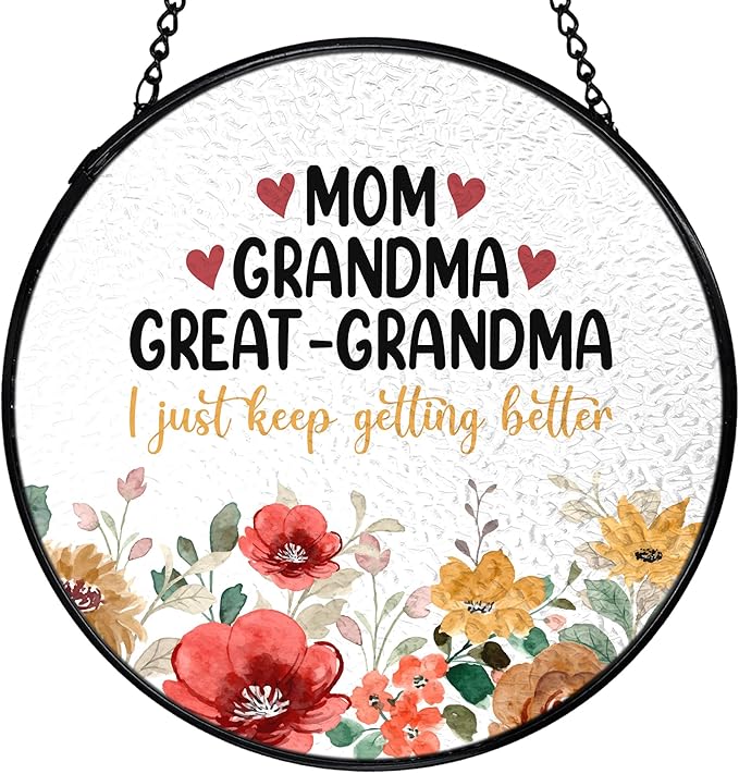 Mom Grandma Flower Suncatchers Stained Glass Window Hanging, Great Grandma Gifts Catchers Indoor Window Glass Round Wall Decor 7.9x7.9in