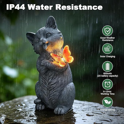 Solar Cat Garden Statue Outdoor Decor 10 Inch with LED Butterfly Light, Resin Cat Decor for Yard Patio Porch Lawn Balcony, Solar Garden Decor, Gifts for Mom Grandma Women