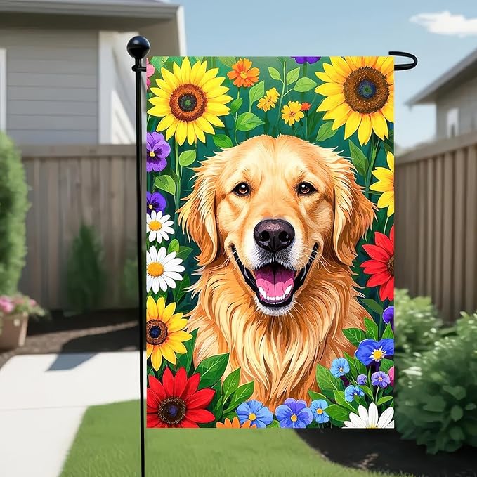 BlissYard Spring Dog Garden Flag Double Sided 12x18 Inch Cute Golden Retriever Seasonal Welcome Small Flags For Outside Outdoor Decor Yard Farmhouse Holiday Spring Summer Decorations Yard Flags