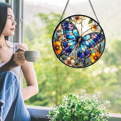 Butterfly Stained Glass Suncather for Window Hanging, 9'' Blue Butterfly Ornament Gift for Women, Nature-Inspired Wall Art Home Decor Gifts for Mom, Grandma, Mother's Day (Blue, 9'')
