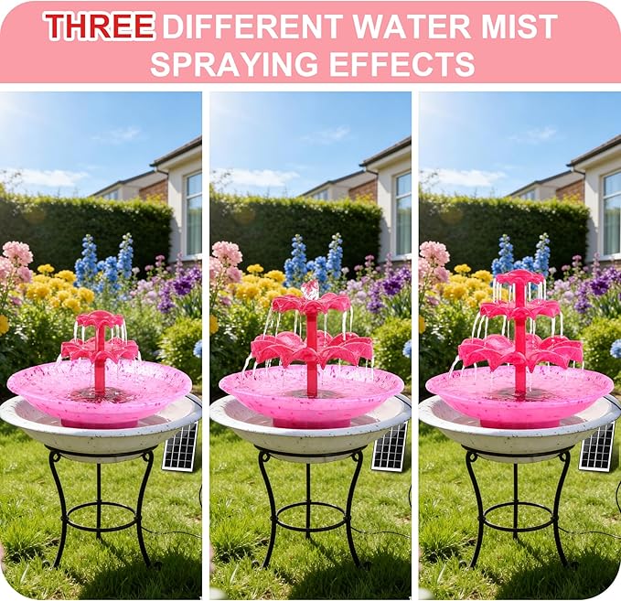 3.5W Solar Fountain Pump for Bird Bath, 3-Tier Red Solar Water Pump with 8 LED Lights, 32.8FT Power Cord and Adapter Included, Dual-Powered for 24/7 Use for Garden, Pond, Pool, Fish Tank and Lawn