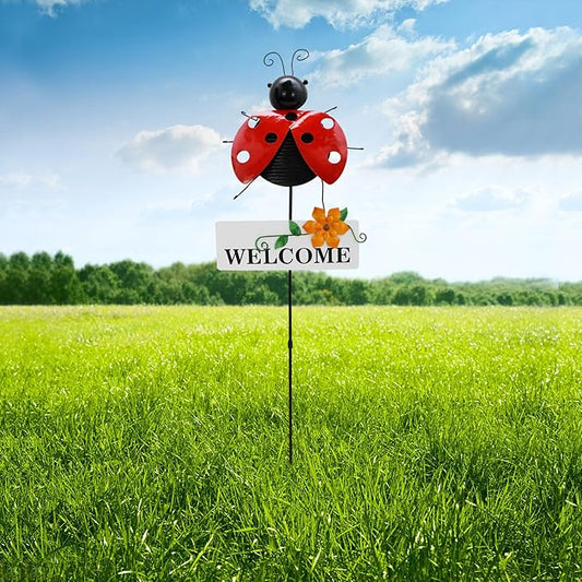 Garden Decor Metal Welcome Yard Stakes Spring Lawn Art Patio Decorative Plant Stake for Flower Pot Pathway Porch Backyard Indoor Outdoor Decoration (Ladybug)