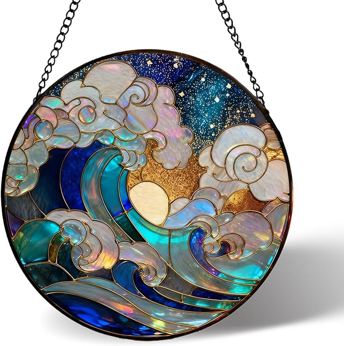 Stained Glass Window Hanging – Colorful Waves and Clouds Design Sun Catcher Glass Panel, Blue & Gold Suncatcher Decor for Birthday, Women, Men, Wife, Aunt, and Mom – 7.8 inches