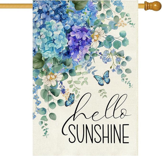 Baccessor Spring House Flag 28 X 40 Inch, Blue Purple Hydrangea Double Sided Burlap Welcome Large Yard Flag Seasonal Holiday Lawn Proch Outdoor Outside Decor