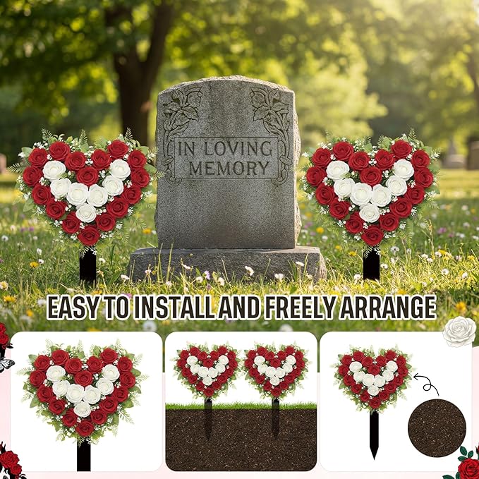 Frienda 2 Sets Cemetery Flowers Grave Stake Metal Floral Decor for Tombstone, Outdoor Gravesite Markers for Mom Dad, Memorial Day Spring Easter Grave Decor(Heart,Red,White)
