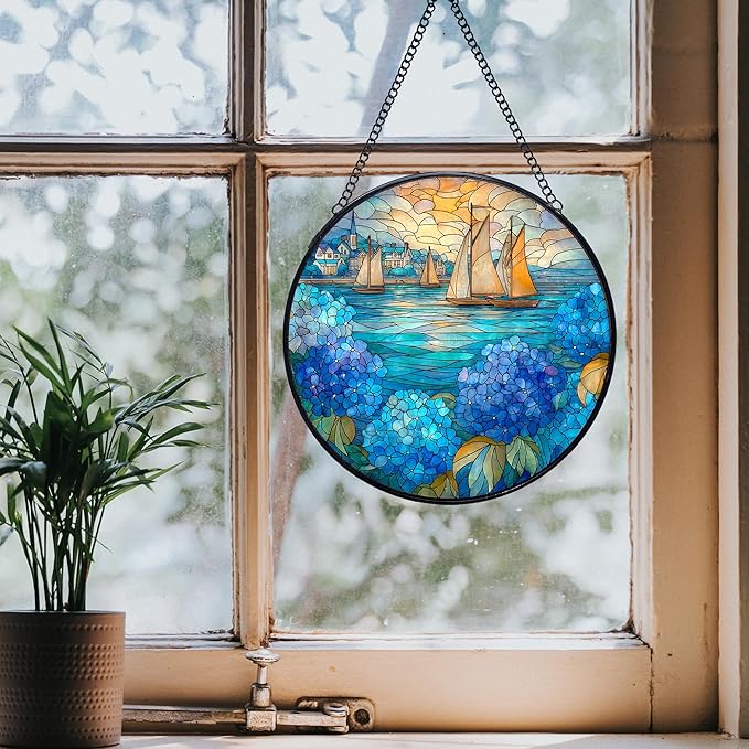 Coastal Sailboat Hydrangea Flower Stained Glass Window Hanging Suncatchers, Ocean Beach Sun Catchers Indoor Window Glass Wall Art Decor, Nautical Wall Hanging Decorations Sculptures, 7.9x7.9in