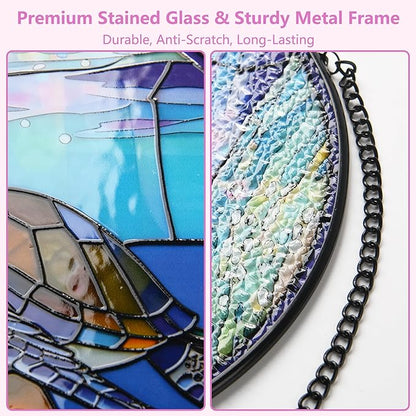 Stained Glass Window Hanging, Turtle Circular Painted Glass Suncatcher with Chain & Suction Cup for Home Garden Door Decor, Birthday for Women Men Mom 7.8 in