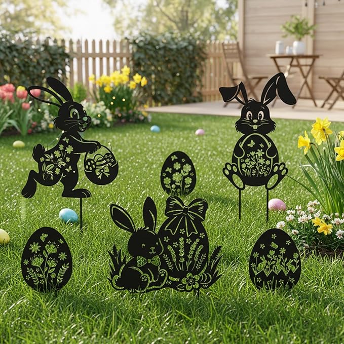 Rngmsi Metal Bunny Garden Decor, 6PCS Easter Rabbit Metal Yard Art Rabbit Silhouette, Happy Easter Bunny Egg Garden Stakes Yard Decorations for Lawn and Yard Flowerbeds Planters Patios Decor
