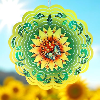 Wind Spinner Mandala 12 inch 3D Stainless Steel Laser Cut Metal Art Geometric Pattern Hanging Wind Spinner (Sunflower)