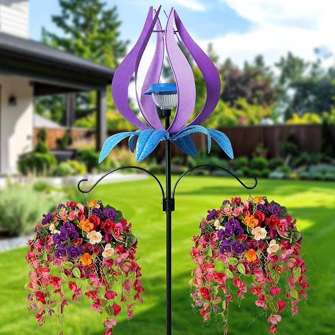 Multi-Functional Yard Wind Spinners with Solar Lights Outdoor Garden,YNGFIL Large Ornaments Outdoor with Double Shepherds Hooks and Coconut Fiber Liner Hanging Planters (83 in)