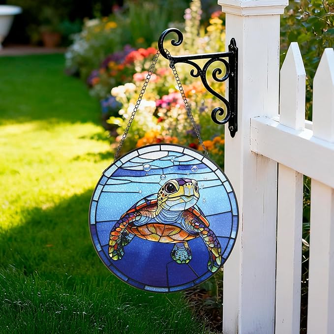 Stained Glass Window Hanging, Big Eyed Turtle Circular Painted Glass Suncatcher with Chain & Suction Cup for Home Garden Door Decor, Birthday for Women Men Mom 7.8 in