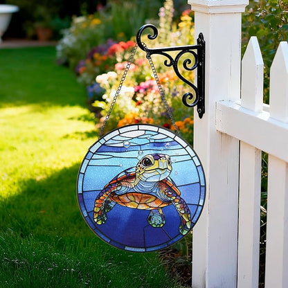 Stained Glass Window Hanging, Big Eyed Turtle Circular Painted Glass Suncatcher with Chain & Suction Cup for Home Garden Door Decor, Birthday for Women Men Mom 7.8 in