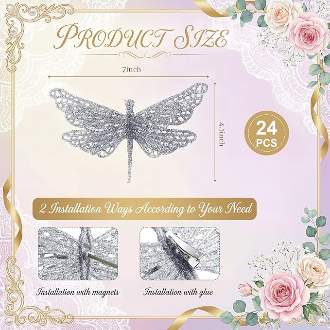 24 Pcs Glitter Dragonfly Decorations, Silver 3D Dragonfly Wall Decor with Clips Stem for Spring Summer Garden Party Wedding, Glitter Dragonflies for Floral Arrangement DIY Craft