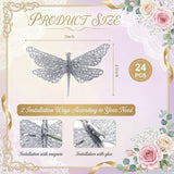 24 Pcs Glitter Dragonfly Decorations, Silver 3D Dragonfly Wall Decor with Clips Stem for Spring Summer Garden Party Wedding, Glitter Dragonflies for Floral Arrangement DIY Craft