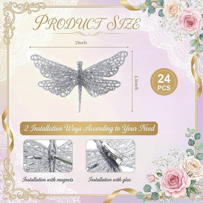 24 Pcs Glitter Dragonfly Decorations, Silver 3D Dragonfly Wall Decor with Clips Stem for Spring Summer Garden Party Wedding, Glitter Dragonflies for Floral Arrangement DIY Craft