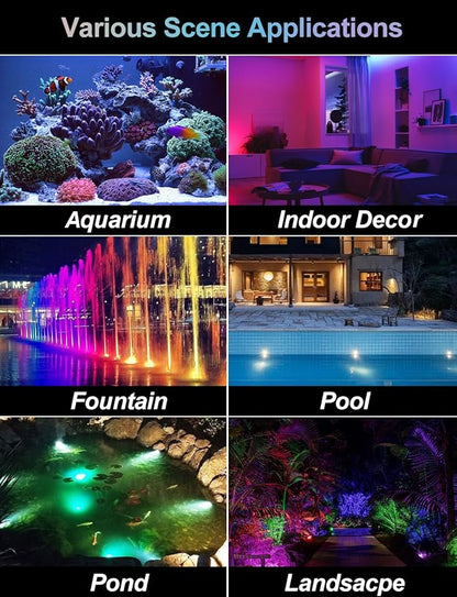 RGB Underwater Pond Lights,Super Bright 18 LED Submersible Fountain Lights, Bluetooth APP Control IP68 Waterproof Color Changing Spotlights for Fish Aquarium Tank Yard Garden Pool(Set of 12)