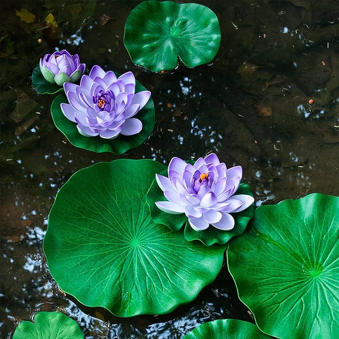 Fake Lily Pads, 10 PCS Artificial Lotus with Water Lily Pad, Realistic Water Floating Foam Lotuses Pads, Purple Artificial Floating Lotus Decor with Pad for Home Outdoor Ponds