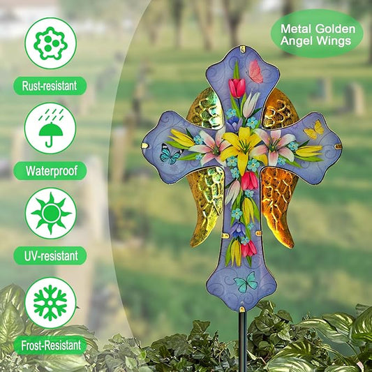 Solar Cross Garden Stakes for Graves,Lily Cemetery Decorations Yard Patio Decor,Golden Angel Wings Cross Lights Outdoor,Remembrance Gifts