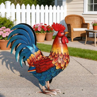 Kircust Metal Rooster Garden Ornament, Multi-Color Outdoor Yard Art Chicken Statue for Home Patio Lawn Backyard Farmhouse Kitchen