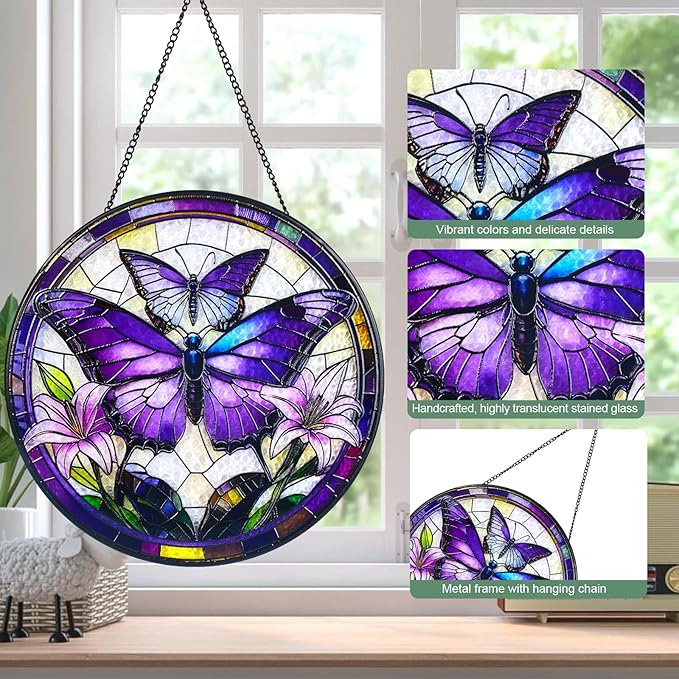 Purple Butterfly Stained Glass Window Hanging Suncatcher with Chain - 7.9" Outdoor/Indoor Art Decor for Home Garden, Wedding, Mother's, Festival, Valentine's & Christmas Ornaments Present