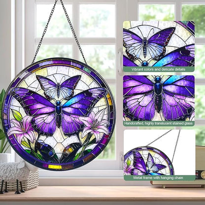 Purple Butterfly Stained Glass Window Hanging Suncatcher with Chain - 7.9" Outdoor/Indoor Art Decor for Home Garden, Wedding, Mother's, Festival, Valentine's & Christmas Ornaments Present