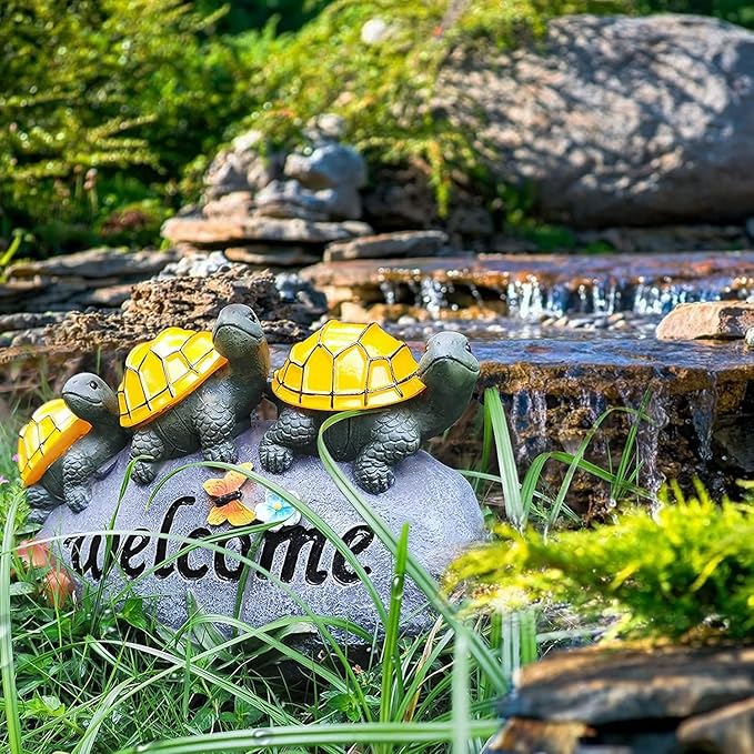shumi Solar Garden Statue Turtle Outdoor Lights -Welcome Turtles on a Rock Solar Powered LED Outdoor Garden Ornaments，for Indoor Outdoor Yard Statue Decoration，Thanksgiving Christmas 1 Pack