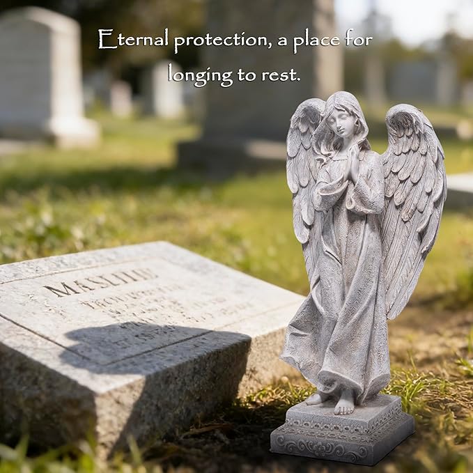 basen Praying Angel Garden Statue, Outdoor Memorial Angel Figurine for Garden Yard Lawn Patio, Resin Angel Sculpture Decoration for Grave Memorial, Cemetery Ornament Sympathy Gift