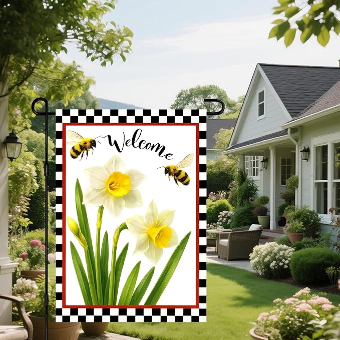 IVN Welcome Garden Flag 12x18 Inch Double Sided Spring Summer Garden Yard Flags White Daffodils Bees Decorative Small Flags for Outdoor Seasonal Front Door Lawn Porch Patio Decor Yard Flag