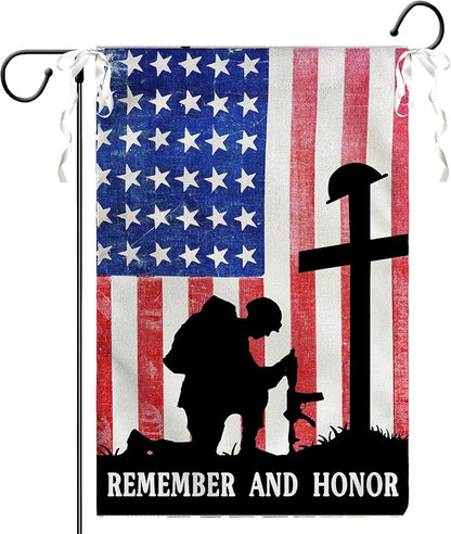 Memorial Day Garden Flags Veteran Soldier Patriotic Yard Flags American Flag Remember and Honor Cross Burlap Flag Independence Decorations for Outside 12 x 18 Double Sided