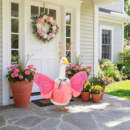 Abbylike 1 Set Spring Butterfly Porch Goose Outfit Butterfly Wings Goose Clothes Costume Fits 23" Large Cement Plastic Geese Statue for Spring Outdoor Garden Yard Lawn Patio Art Decorations