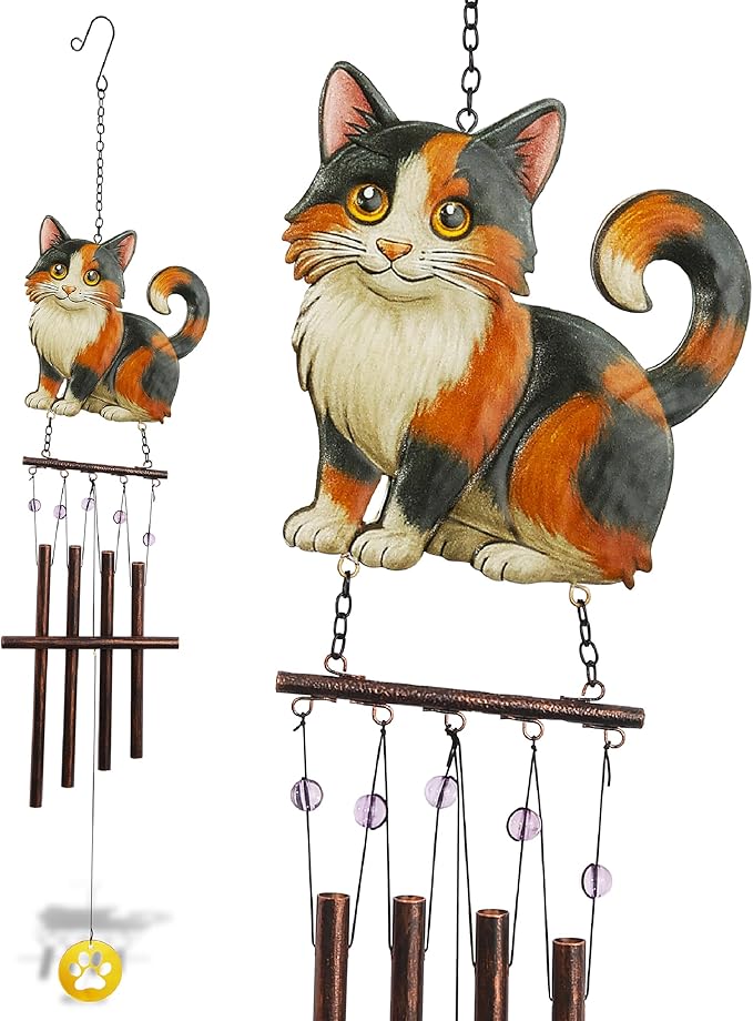CoTa Global Calico Cat Wind Chime - Pet-Themed Metal Hanging Decor with Copper-Tone Tubes and Beaded Accents, Indoor Outdoor Porch Patio Garden Decoration - 34 Inches