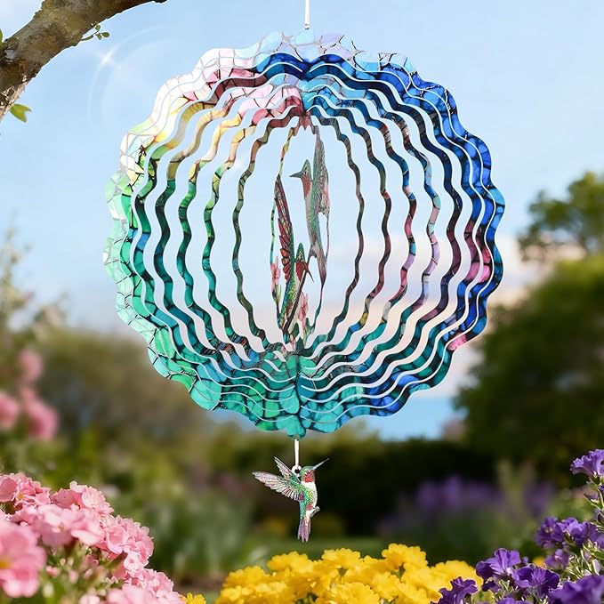 Hummingbird Wind Spinner for Easter Day Gift,Laser-Cut 12 Inch Stainless Steel Outdoor Garden Spring Decor, 3D Kinetic Window Hanging Sculpture Yard Art for Patio Women, Mom & Dad